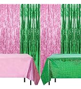 BAHABY Pink and Green Tinsel Foil Fringe Curtains and Tablecloth Set, 2 pcs 3.3x6.6 Feet Party St...