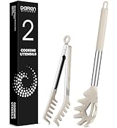 Spaghetti Spoon and Pasta Tong, Non-stick Silicone Spoon Server Fork with teeth and Stainless Ste...