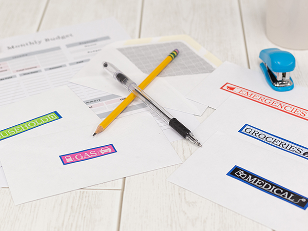 Envelopes labeled for monthly budgeting