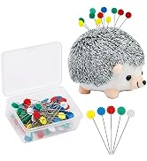 Fteven 100 Pieces Flat Head Straight Pins Hedgehog Pincushion Kit, Big Pincushion with Clear Stor...