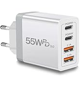 European Travel Plug Adapter USB C, 55W USB C European Charger 4-Port Fast Charger Type C Wall Ch...