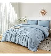 PERFEMET 5 Pcs Grayish Blue Bed in A Bag Twin Aesthetic Boho Comforter with Pom Pom Soft Fluffy L...