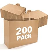 XPCARE 200Pack Paper Gift Bags with Handles Bulk,16x6x12 Inch Plain Natural Kraft Bags Packaging,...