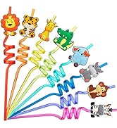 DMIGHT Jungle Safari Party Favors 24 Reusable Wild Animals Plastic Straws for Kids Birthday, Wood...