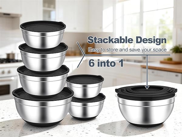 Different-sized stainless steel bowls and plastic lids can nest well for easy storage