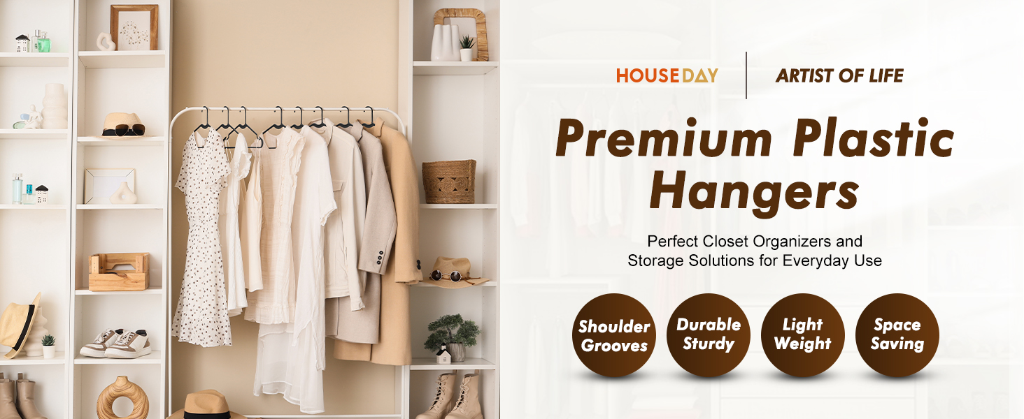 A neatly organized closet with the product hanging on a rod