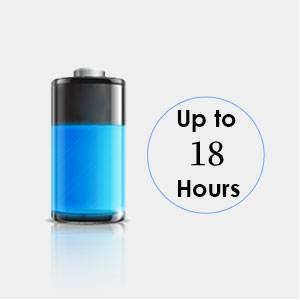 Stylized battery icon with blue charge level and black top. Text overlay indicates 'Up to 18 Hours' of battery life.
