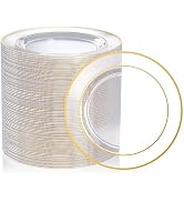 FOCUSLINE 100 Count Clear Gold Plastic Plates 7 Inch, Disposable Heavy Duty Clear Plates with Gol...