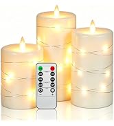 Da by 3 Pack Ivory Real Wax Flameless Taper Candles, Lifelike Flickering LED Flame Candles with S...