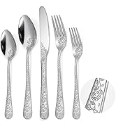 A · HOUSEWARE Floral Silverware Set 6 Silvery Flatware Stainless Steel with Delicate Engraved Ros...
