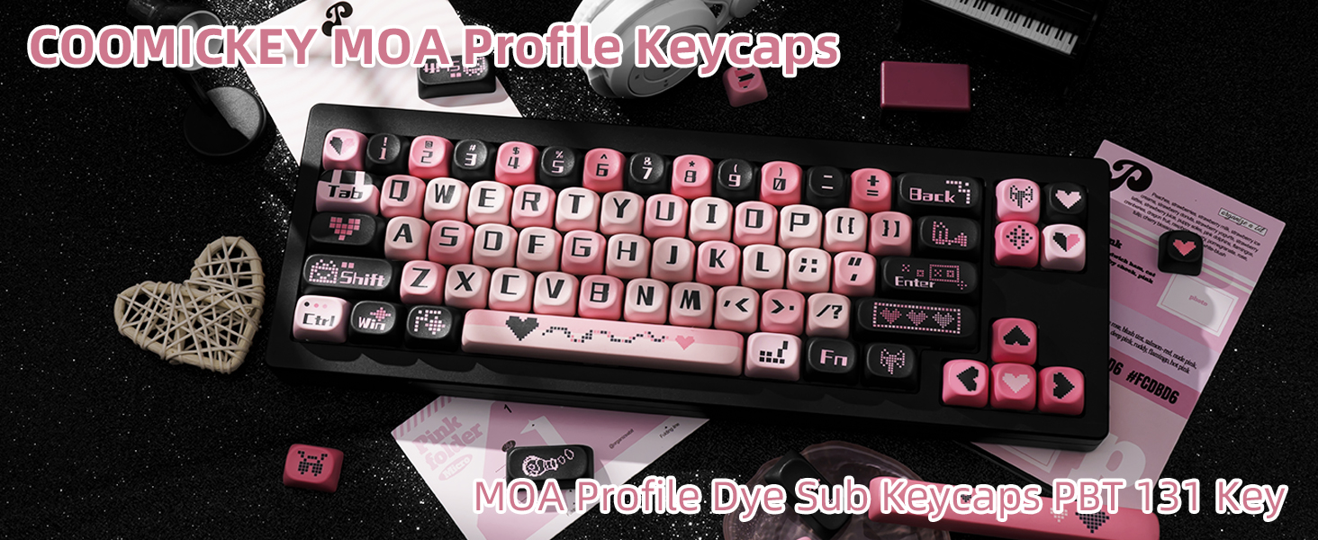 PBT Keycaps Dye-Sublimation Black and Pink MOA Profile Custom Cute Keycaps
