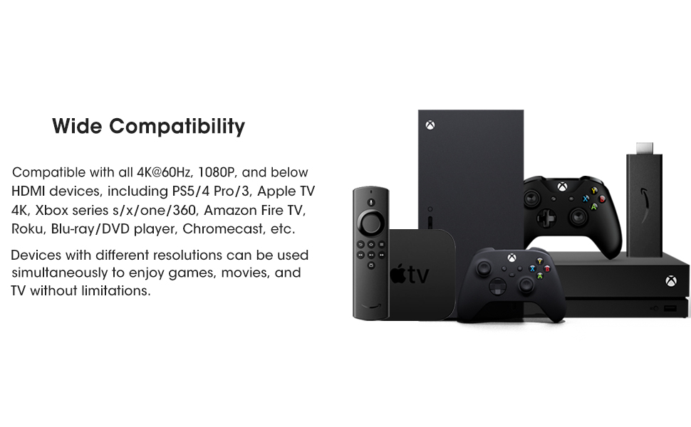 ROOFULL 4K HDMI switch with audio output is compatible with all HDMI devices