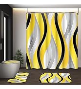 Tayney Yellow Striped Shower Curtain Set with Toilet Lid Cover and Non-Slip Rugs for Bathroom, Gr...