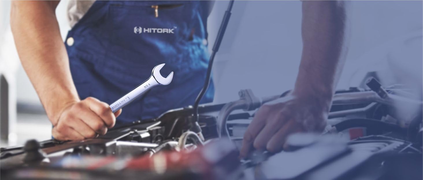 Hitork Brand Image showing a person holding a wrench in hand and repairing a car