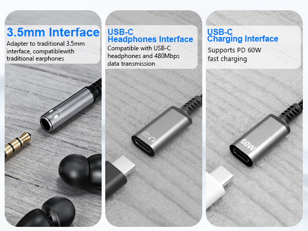 type c splitter 1 in 3 out for 3.5mm headphone, usb c headphone, charging and data transfer