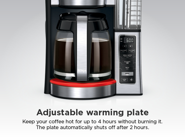 Adjustable warming plate Keep your coffee hot for up to 4 hours without burning it.