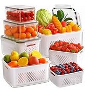6 PCS Fruit Storage Containers for Fridge with Removable Colanders, 6 Plastic Food Storage Contai...