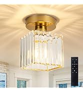 SURPALIG Gold Cube Crystal Semi Flush Mount Ceiling Light, Modern Dimmable Chandelier with Remote...