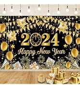 2024 Black Gold New Year Banner, Extra Large 2024 Happy New Year Backdrop Banner, 2024 NYE Holida...