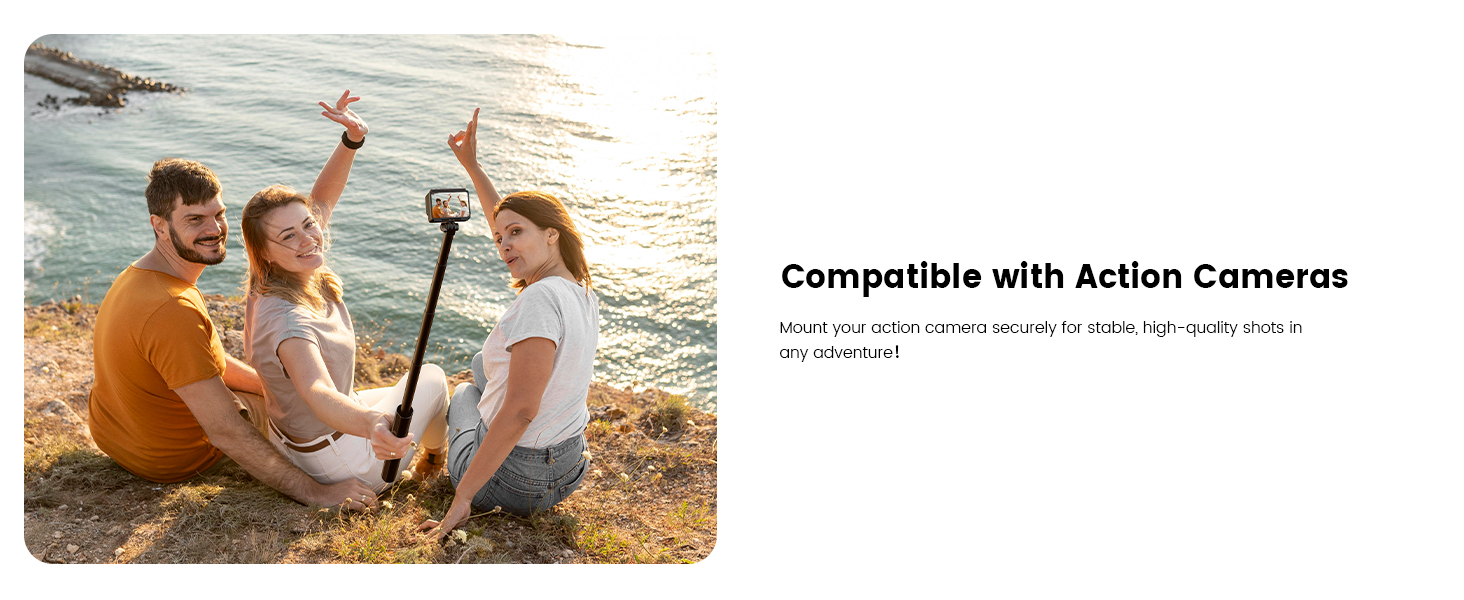 Handheld camera gimbal stabilizer shown in use on a beach. Text indicates it's compatible with action cameras. Device appears compact and portable.