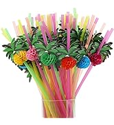 100pcs Coconut Tree Drinking Straws, Disposable Honeycomb Plastic Straws, Tropical Hawaiian Beach...