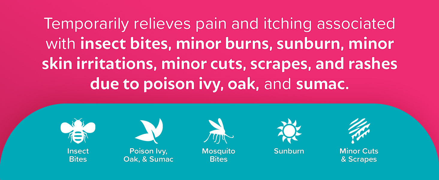 Benadryl relieves itching from bug bites, sunburn, mosquito bites, poison ivy, poison sumac and more