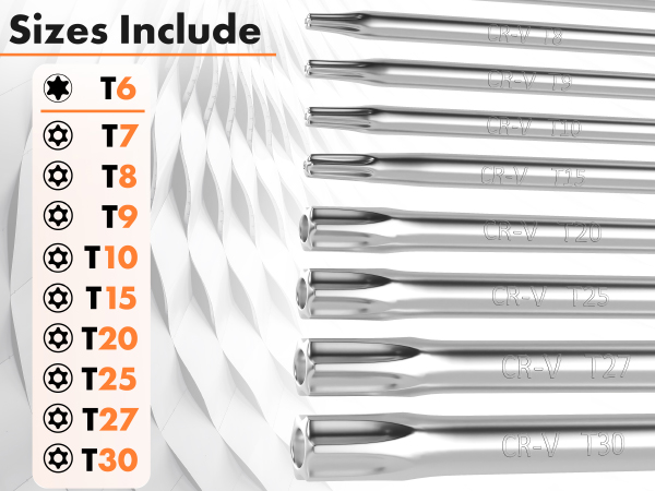 Folding security torx set with labeled sizes T6 to T30, displayed with an orange metallic casing.