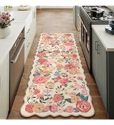 PureCozy Washable Floral Runner Rug 2x6 Beige Hallway Carpet Scalloped Flower Non Slip Soft Long ...