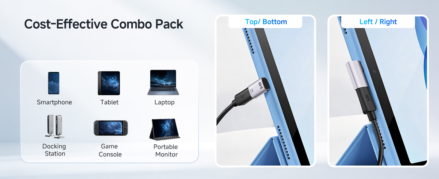 Combo-Pack 40Gbps Right Angle USB-C Adapter Kit, Up to [4K@240Hz Video, 240W Charging