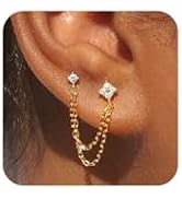 Freekiss Gold Chain Studs Earrings for Women Trendy: Hypoallergenic 14K Gold Plated Dangle Earrin...