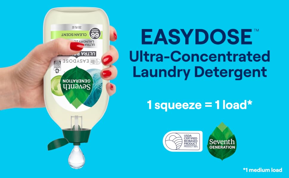 Seventh Generation EasyDose Ultra power laundry detergent with squeeze dosing for cleaning power.