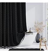 Dynamene Boho Farmhouse Shower Curtain, Black Fabric Tufted Chevron Striped Textured Tassel Showe...