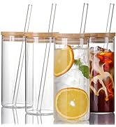 4 Set 20 OZ Drinking Glasses with Bamboo Lids and Straws, Borosilicate Glass Tumbler Cups - Tall ...