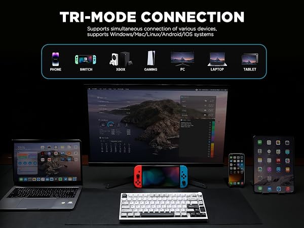 Tri-mode connection setup showing multiple connected devices including laptop, Nintendo Switch, keyboard, monitors, and mobile devices with compatibility information.