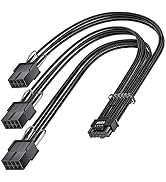 Black computer power cable splitter with multiple 8-pin connectors branching from single source, featuring sleeved cable design.