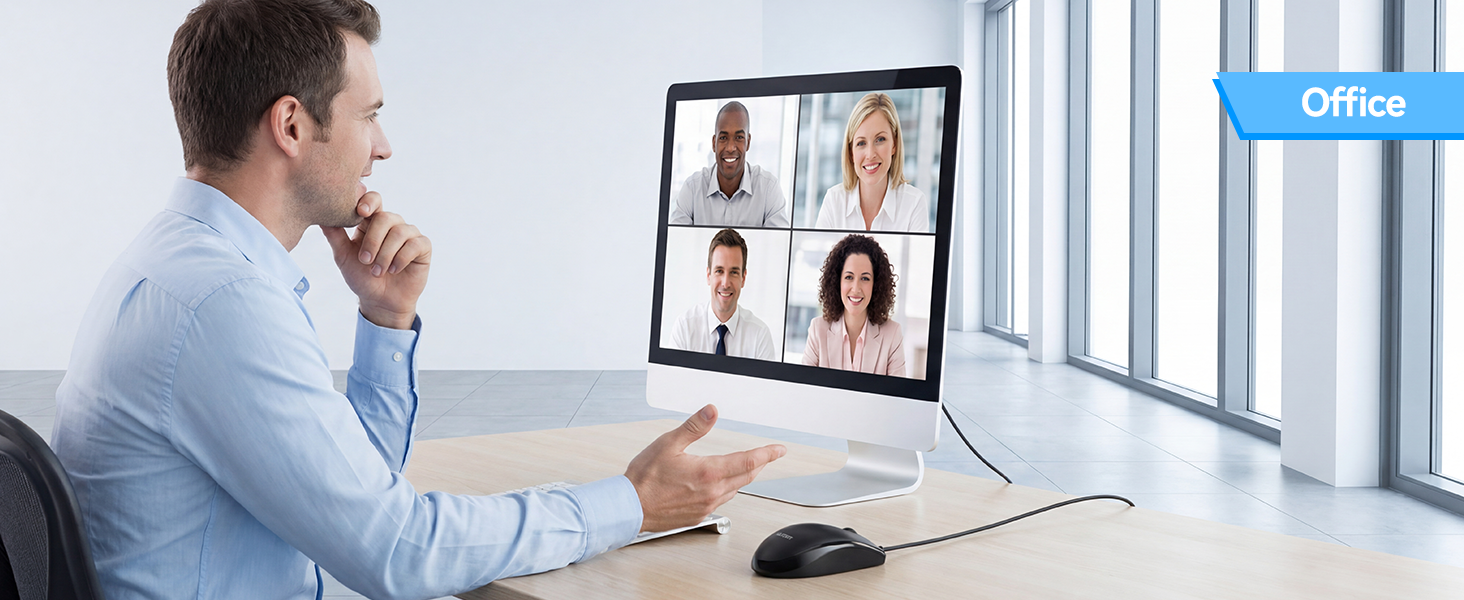 Man in light blue shirt at desk with laptop, participating in video conference call displayed on screen with multiple participants visible.