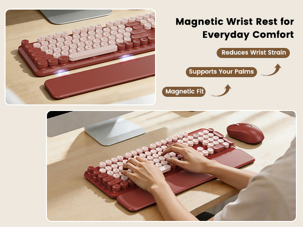 Burgundy retro keyboard and mouse with magnetic wrist rest for everyday comfort.