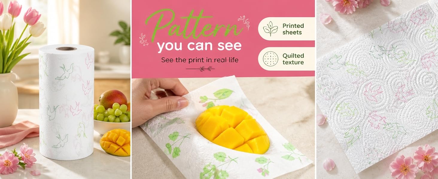 Side-by-side view of printed floral sheets and quilted texture wiping fresh mango slices