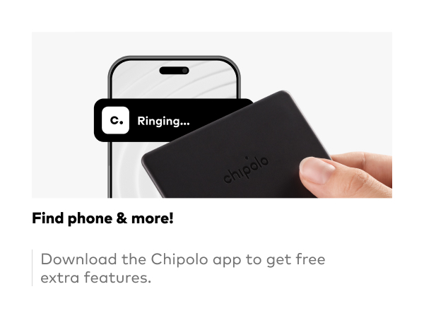 Text reads "Ringing..." on phone screen, "Find phone & more", and "Download the Chipolo app to get free extra features.". Hand holding black Chipolo tracking device next to iPhone displaying ringtone.