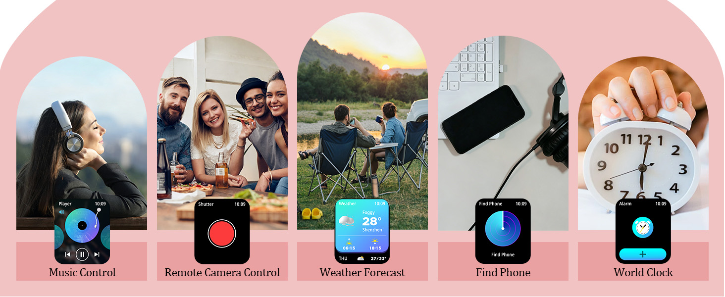 Photo memories displayed on pink background with camera icons and labels. Six photo frames showing outdoor landscapes, group photos, and time-related icons representing memories and moments captured through camera devices.