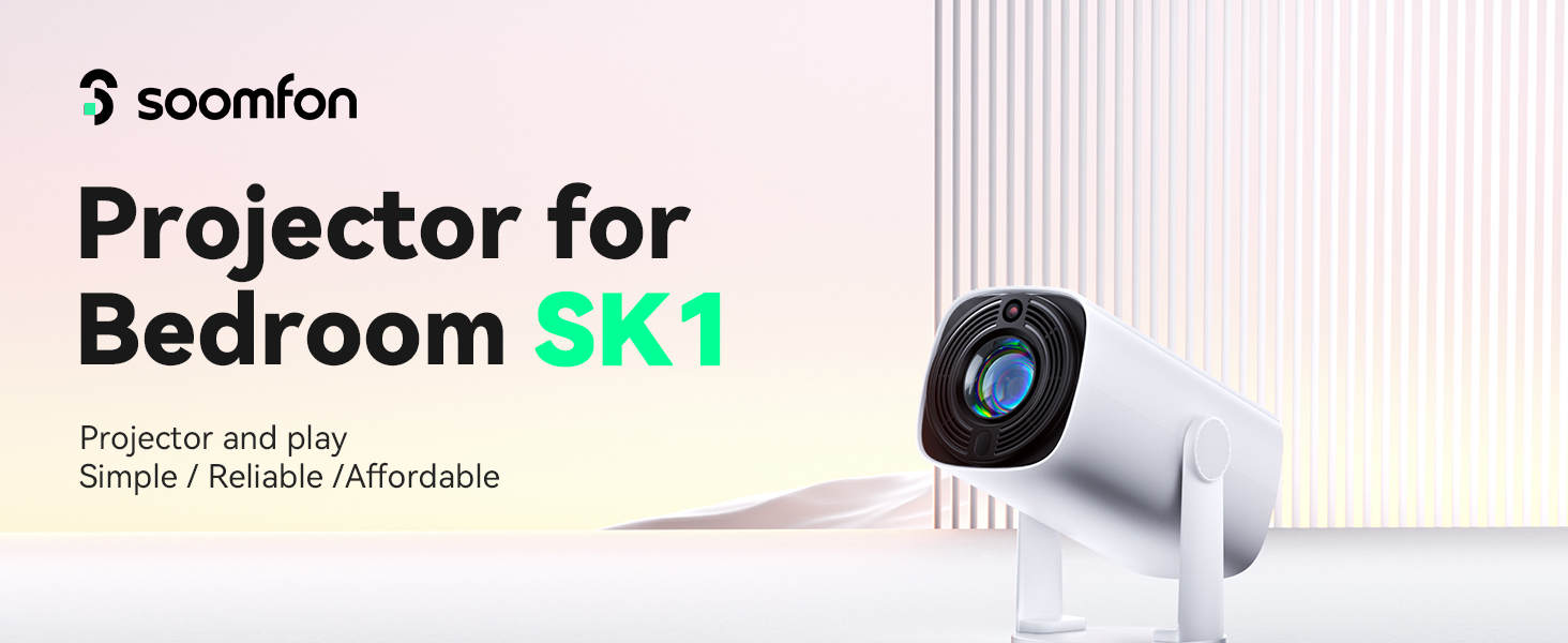 Text reads 'Projector for Bedroom SK1'. White compact projector device shown against white background.