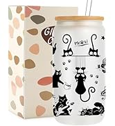 Mikopei Black Cat Gifts for Women - Cute Glass Cups with Lids and Straws, Funny Black Cat Lovers ...