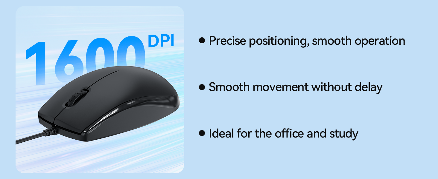 Text reads '1600 DPI • Precise positioning, smooth operation • Smooth movement without delay • Ideal for the office and study'. Black computer mouse with specifications listed.