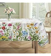 hometrixx Spring Rectangle Table Cloth Wildflower Leaves Butterfly Washable Polyester Oil-Proof T...