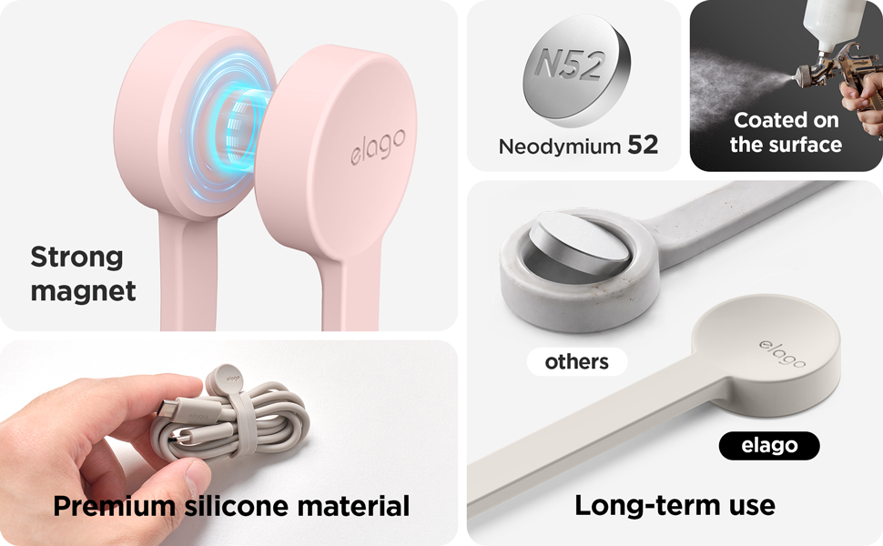 Text reads: 'Strong magnet', 'Premium silicone material', 'Neodymium 52', 'Coated on the surface', 'Long-term use', 'stage', 'others'. Pink magnetic cable organizer with silicone material, shown with holding demonstration and comparison to other products.