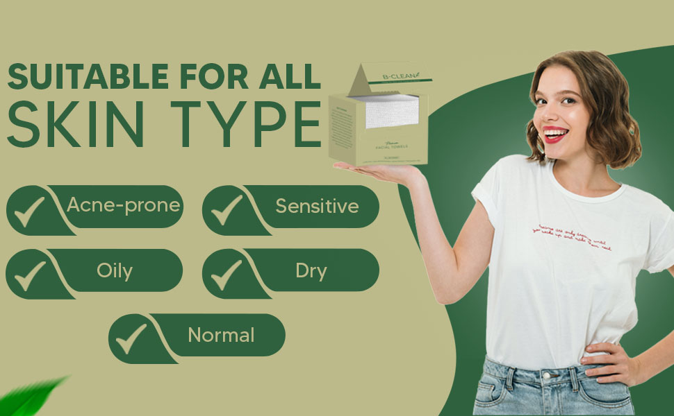 B-CLEAN facial towels displayed with benefits for sensitive, oily, dry, and acne-prone skin types.