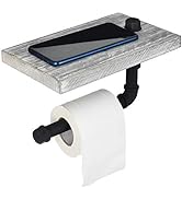 Retro Industrial Style Wall-Mounted Iron Pipe & Wood Toilet Paper Holder with Wood Shelf Phone Tr...