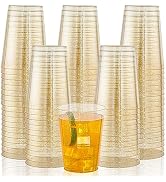 I00000 200pcs Gold Plastic Cups - 10 OZ Hard Gold Glitter Disposable Cups For Cocktail And Drinki...