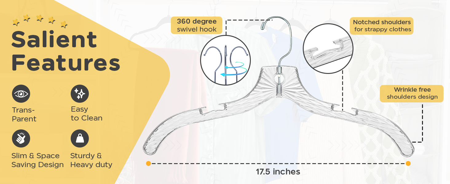5501 Clear Plastic Hangers Premium A+ Content desktop image showing Crystal Cut Plastic Hangers