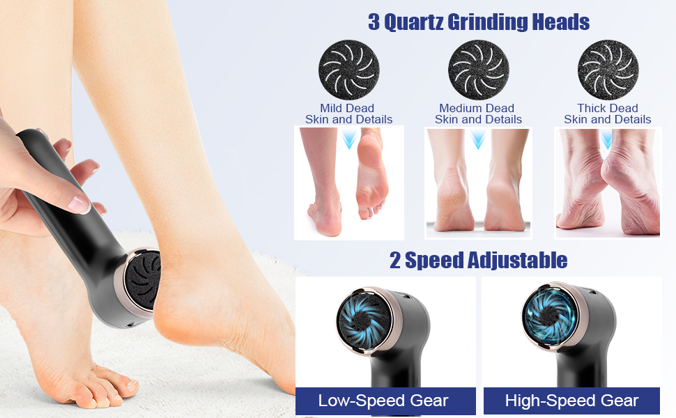 Electric foot file with 3 quartz grinding heads and 2 speed settings. Device shown in use on foot, with close-ups of different grinding heads and speed options.